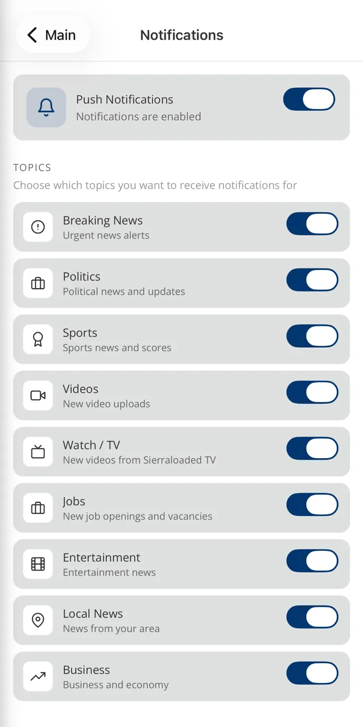 Notifications settings