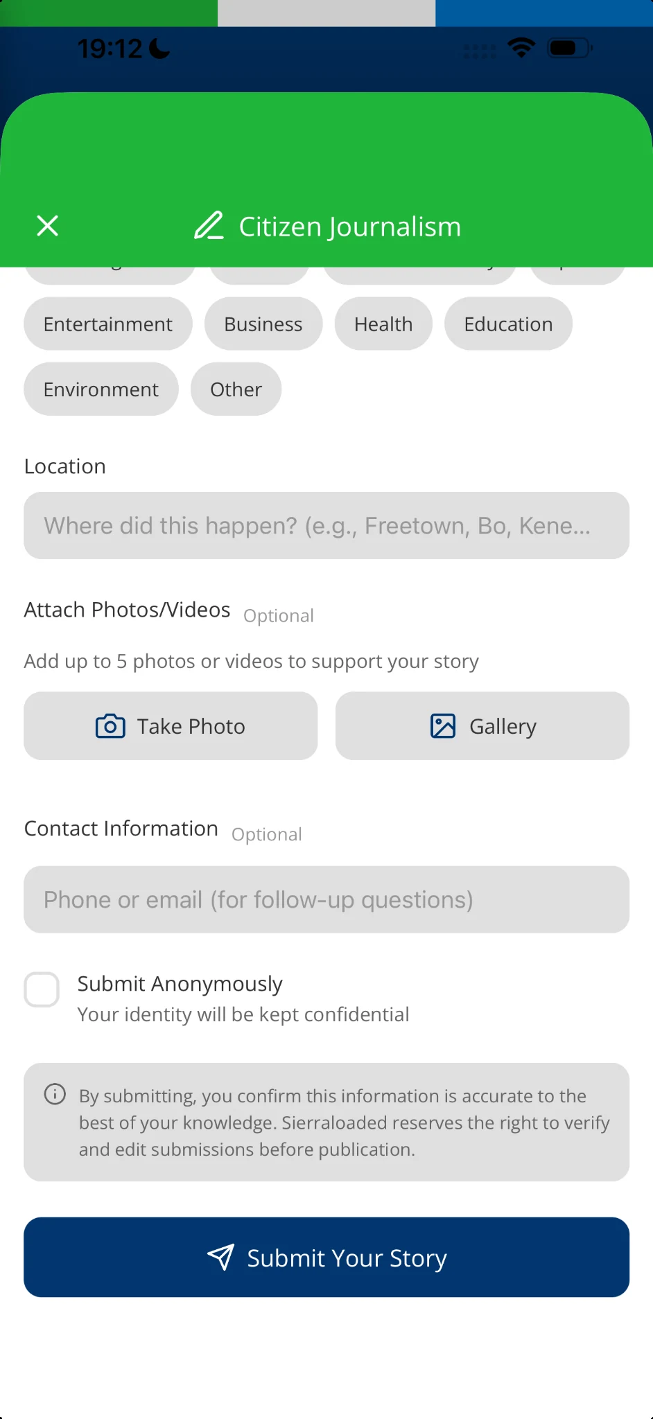 Citizen Journalism photo and video submission form